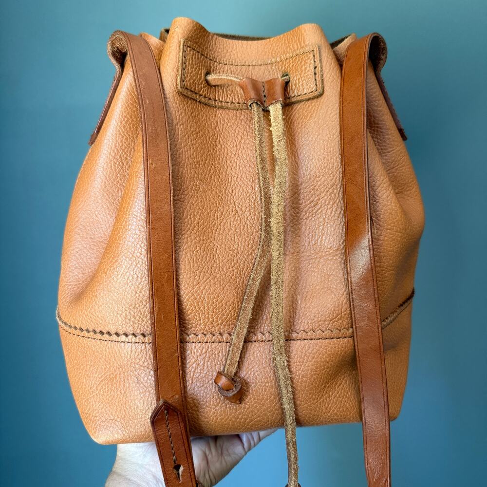 J.Crew Leather Bucket Bag Cognac Crossbody Drawstring Brass Hardware